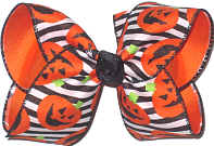 Large Jack-O-Lanterns on Black and White Stripes over Orange Double Layer Overlay Bow